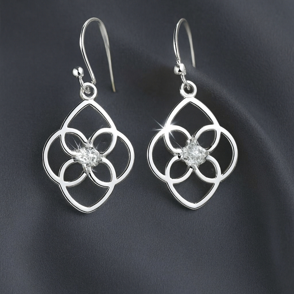 Silver Floral Filigree Dangle Earrings – Sparkle Crystal Gem Statement Jewelry